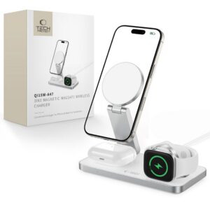 Indukčná nabíjačka Tech-Protect QI15W-A47 MagSafe 3v1 + kábel USB-C – biela