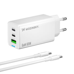 Nabíjačka Wozinsky GaN 65 W s portami USB-A a 2x USB-C, s káblom USB-C 65 W – biela