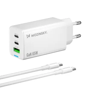 Nabíjačka Wozinsky GaN 65 W s portami USB-A a 2x USB-C, s káblom USB-C 65 W – biela