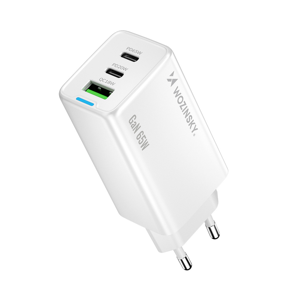 Nabíjačka Wozinsky GaN 65 W s portami USB-A a 2x USB-C, s káblom USB-C 65 W – biela – Obrázok 2