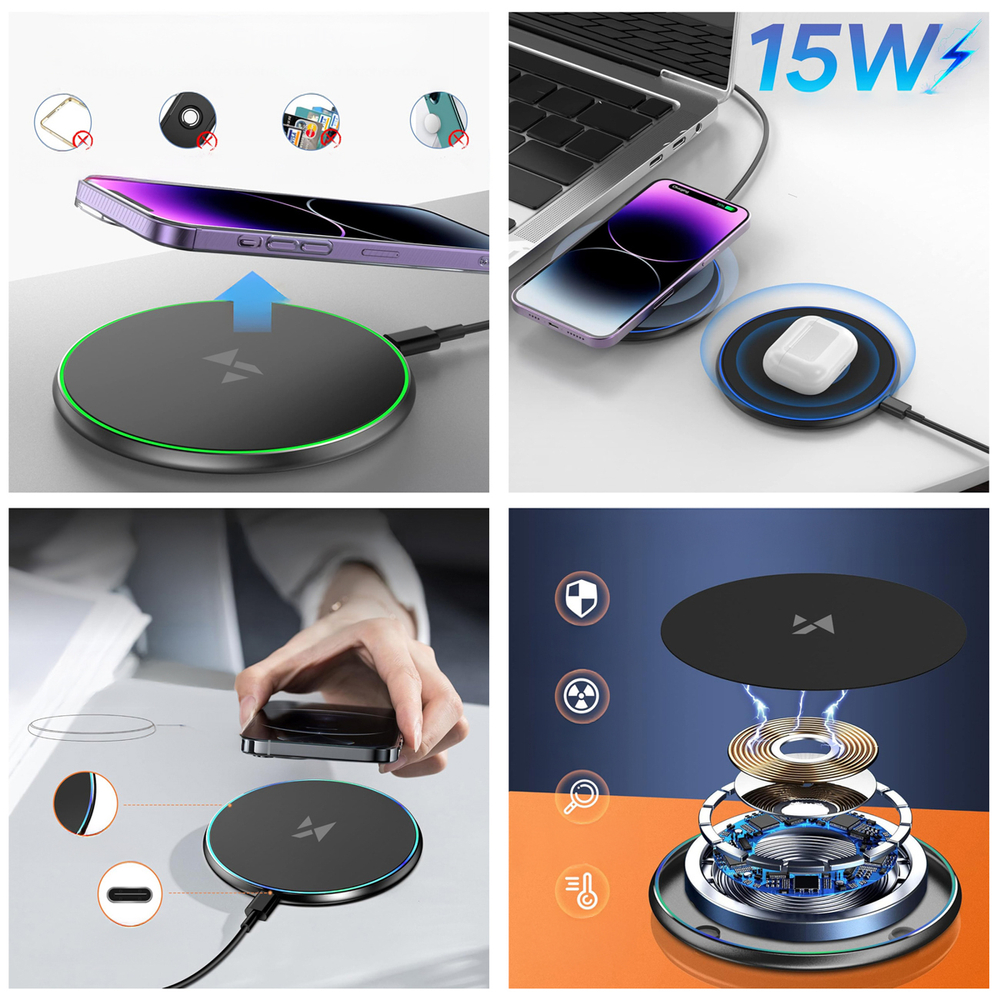 Indukčná nabíjačka Wozinsky WLI-01Y 15 W Qi s káblom USB-C – čierna – Obrázok 2