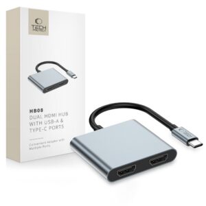 Adaptér Tech-Protect HB08 4v1 USB-C: USB 2.0, 2x HDMI 4K 60 Hz – sivá