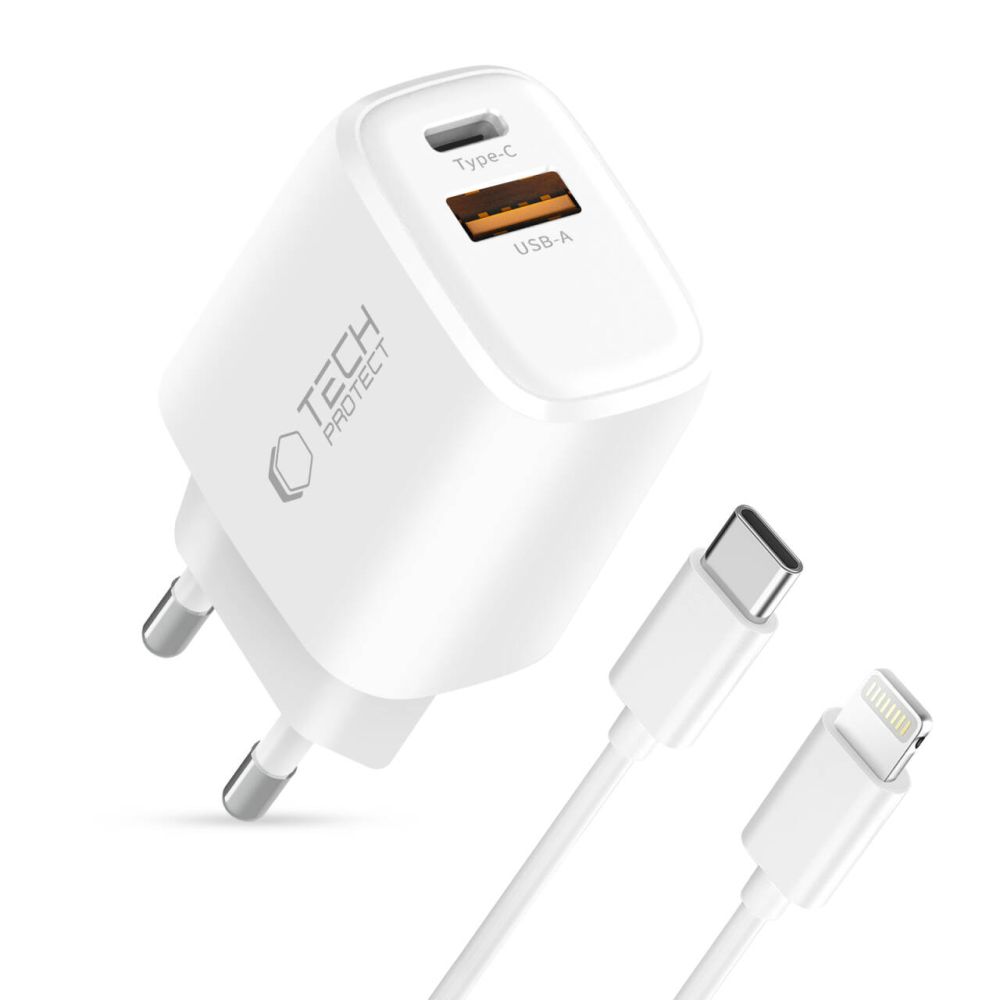 Sieťová nabíjačka Tech-Protect NCA30 PD 30 W / QC 3.0 USB-A / USB-C s káblom USB-C na Lightning 1 m – biela – Obrázok 2
