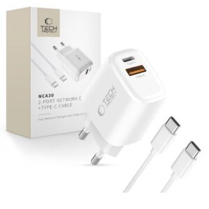 Sieťová nabíjačka Tech-Protect NCA30 PD 30 W / QC 3.0 USB-A / USB-C s káblom USB-C na USB-C 1 m – biela