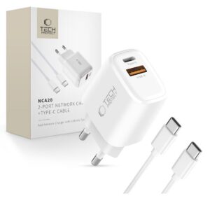 Sieťová nabíjačka Tech-Protect NCA20 PD 20 W / QC 3.0 USB-A / USB-C s káblom USB-C na USB-C 1 m – biela