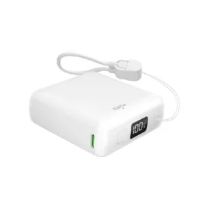 Powerbanka Puro 10 000 mAh 20 W USB-C, USB-A s displejom a zabudovaným káblom USB-C – biela