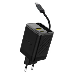 Sieťová nabíjačka Dudao A67EU GaN 67 W so zabudovaným navíjacím káblom USB-C, PD, QC – čierna