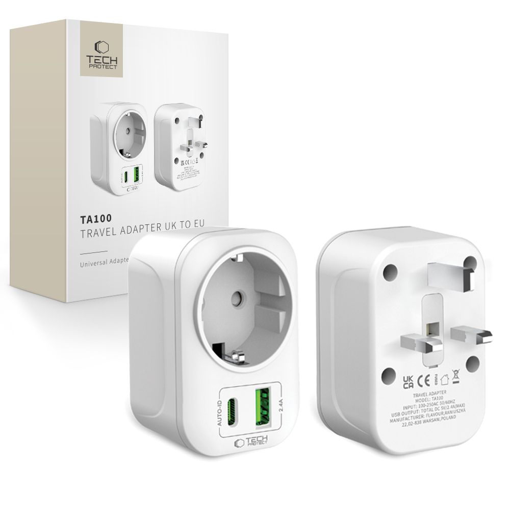 Cestovný adaptér Tech-Protect TA100 UK – biela