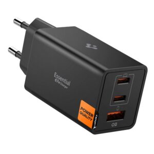 Sieťová nabíjačka Spigen Essential EE673EU 67 W, 3 porty 2x USB-C + USB-A – čierna