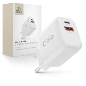 Sieťová nabíjačka Tech-Protect NCA45W-GAN 45 W, 2 porty USB-C / USB-A – biela