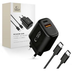 Sieťová nabíjačka Tech-Protect NCA45W-GAN 45 W, 2 porty, s káblom USB-C – čierna