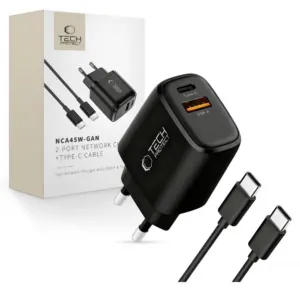 Sieťová nabíjačka Tech-Protect NCA45W-GAN 45 W, 2 porty, s káblom USB-C – čierna