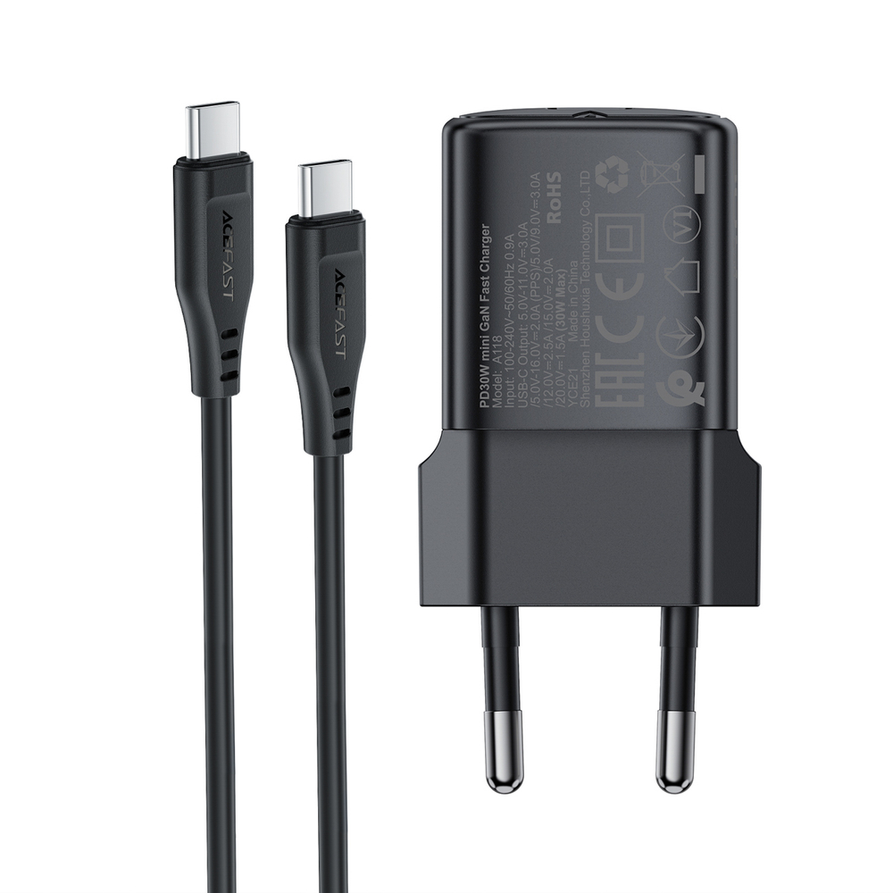 Sieťová nabíjačka Acefast A118 30 W GaN USB-C s káblom USB-C na USB-C 1,2 m – čierna – Obrázok 5