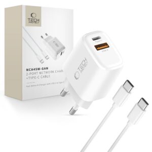 Sieťová nabíjačka Tech-Protect NCA45W-GAN 45 W, 2 porty, s káblom USB-C – biela
