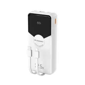 Powerbanka Wozinsky WFC-15W 20 000 mAh 22,5 W PD 20 W so zabudovanými káblami Lightning a USB-C – biela
