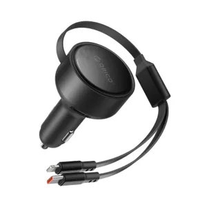 Nabíjačka do auta Orico Dual Stretch 60 W USB-C s dvoma navíjacími káblami USB-C + Lightning – čierna