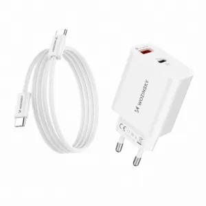 Sieťová nabíjačka Wozinsky WLS-20W 20 W USB-A, USB-C s káblom USB-C – USB-C 1 m – biela