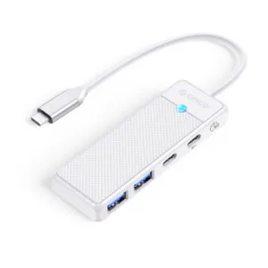 USB hub Orico PAPW2AC-C3 4-portový, 2x USB-A 3.0, 1x USB-C 3.0, nabíjanie USB-C PD 100 W, 0,15 m – biela