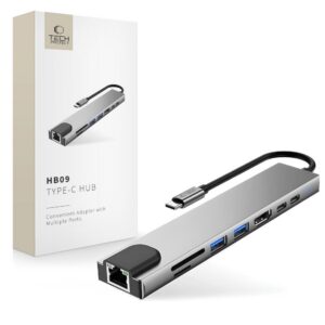 USB hub Tech-Protect HB09 8v1 USB-C: USB-A 3.0, USB-C 3.0, HDMI 4K 60 Hz, SD/TF, PD 100 W, RJ45 1000 Mb/s – sivá