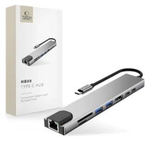 USB hub Tech-Protect HB09 8v1 USB-C: USB-A 3.0, USB-C 3.0, HDMI 4K 60 Hz, SD/TF, PD 100 W, RJ45 1000 Mb/s – sivá