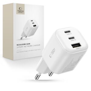 Sieťová nabíjačka Tech-Protect NCA100W-GaN PD 3.2 100 W / QC 3.0, 3 porty – biela