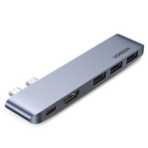 USB hub Ugreen 60559 2x USB-C: Thunderbolt 3 PD 100 W, HDMI 4K 30 Hz, 3x USB 3.0, pre MacBook Pro / Air – sivá