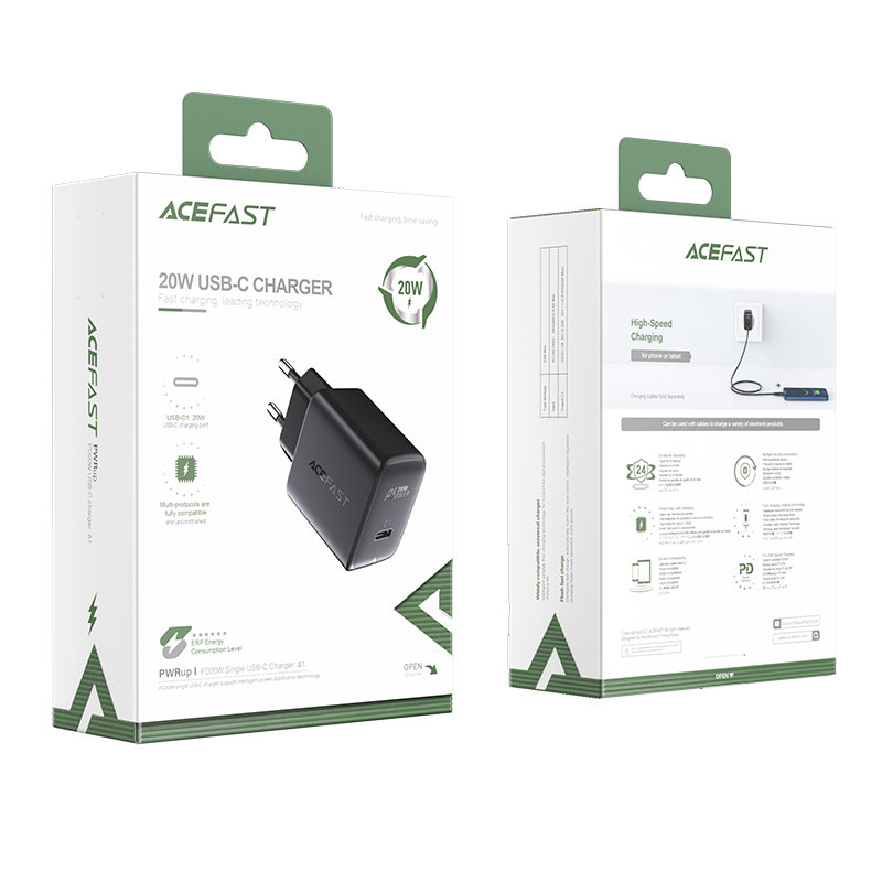Rýchla sieťová nabíjačka Acefast A1 USB-C 20 W PD (EU) – čierna – Obrázok 5