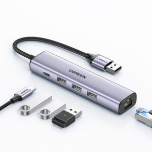 Multifunkčný adaptér Ugreen CM475 USB 3.0 na 3x USB / Ethernet RJ45 / USB-C PD – sivá