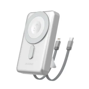 Dudao K29 10 000 mAh PD 20W MagSafe Powerbank s kovovým puzdrom, stojanom a vstavanými káblami USB-C/ Lightning – strieborné