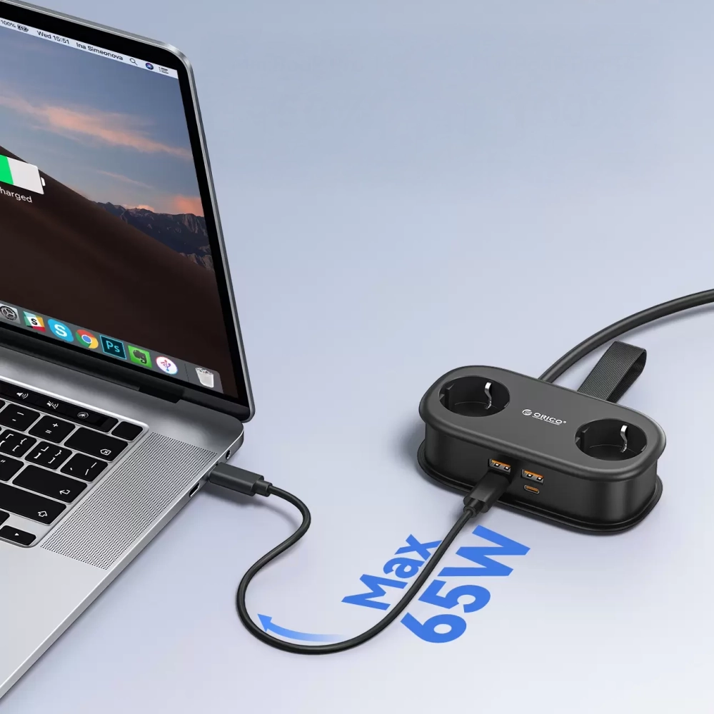 Predlžovačka Orico AP3 GaN 65 W 6 v 1: 2x zásuvka + 2x USB-A + 2x USB-C – čierna – Obrázok 3
