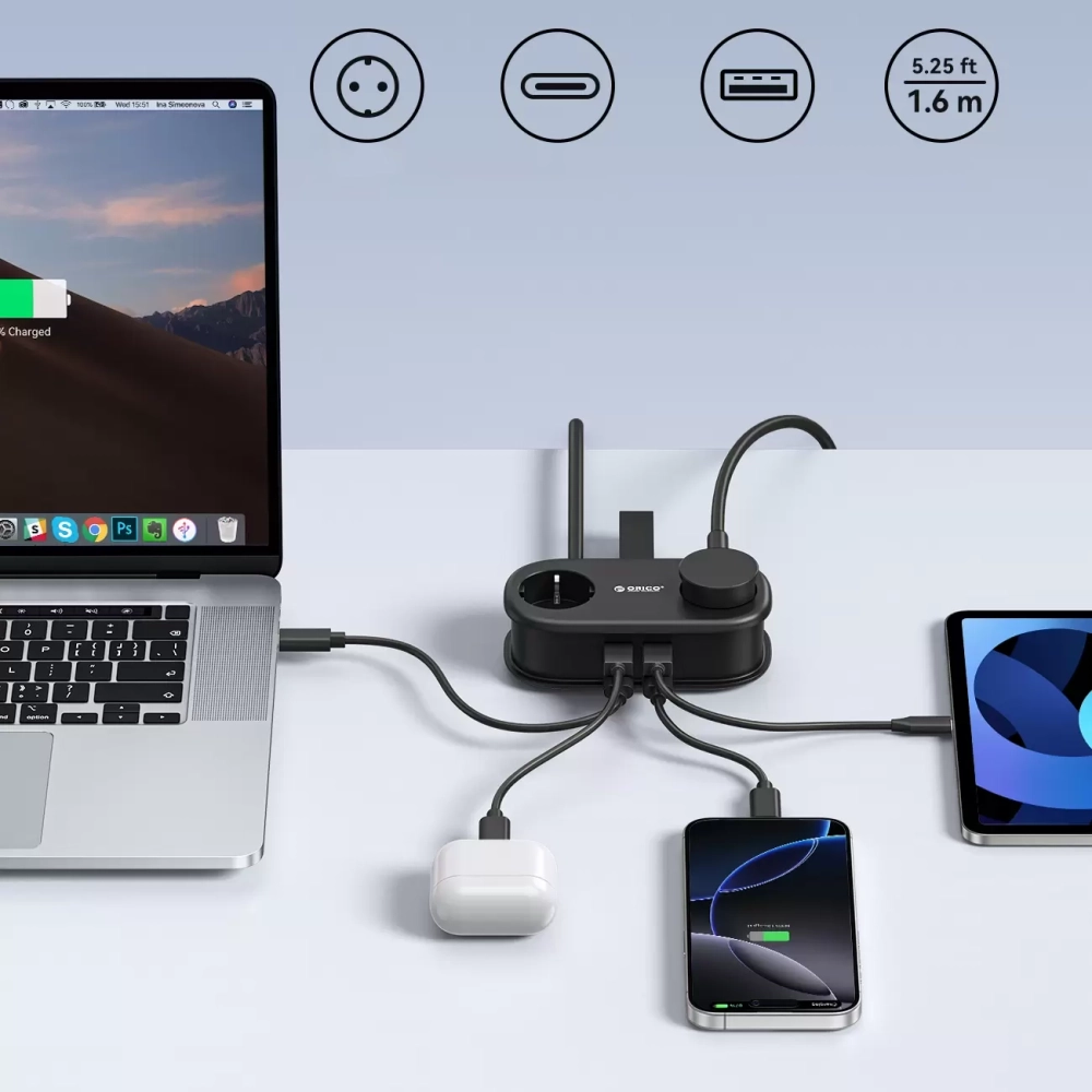 Predlžovačka Orico AP3 GaN 65 W 6 v 1: 2x zásuvka + 2x USB-A + 2x USB-C – čierna – Obrázok 5