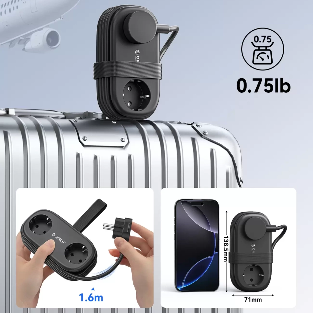 Predlžovačka Orico AP3 GaN 65 W 6 v 1: 2x zásuvka + 2x USB-A + 2x USB-C – čierna – Obrázok 6